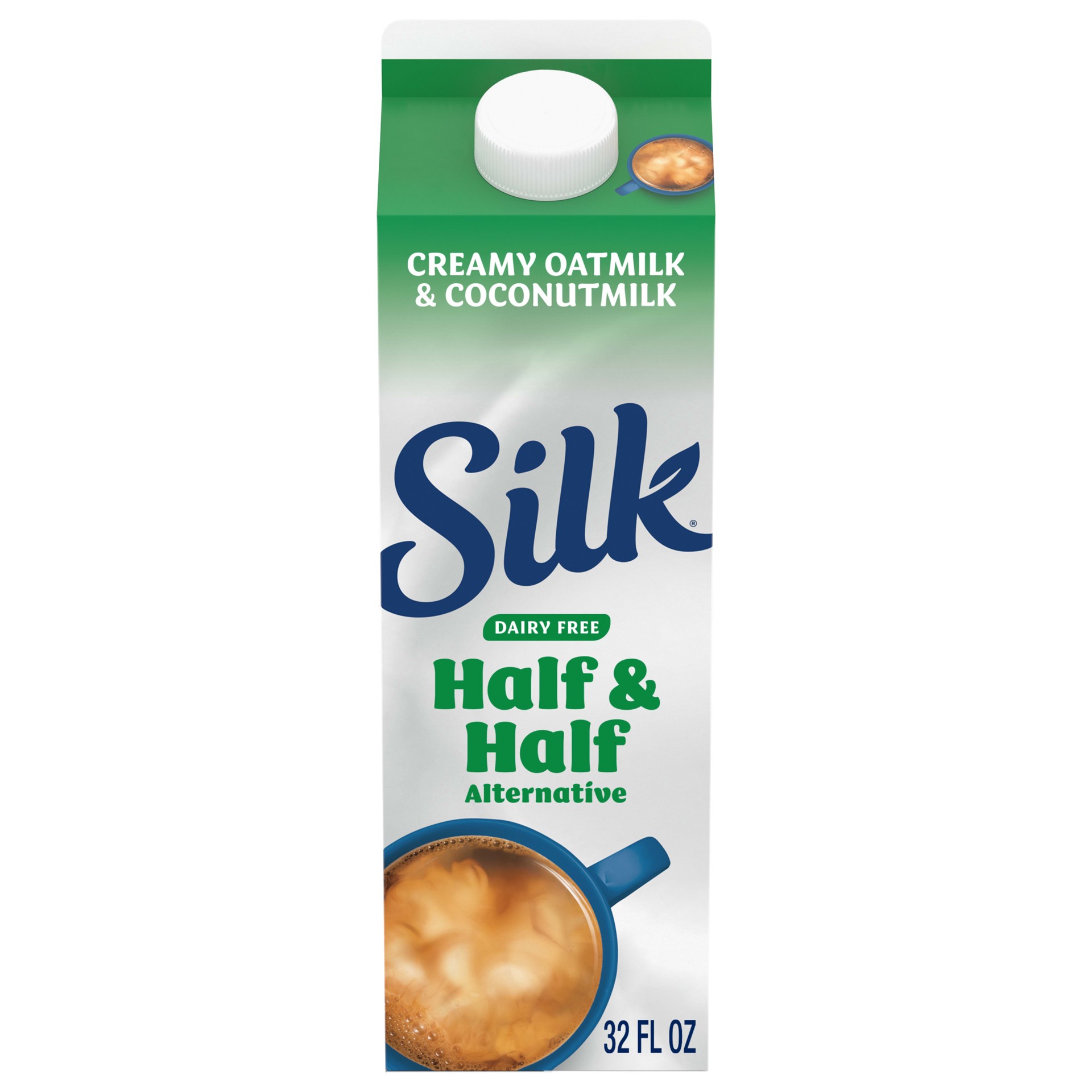 slide 1 of 5, Silk Half & Half Alternative, Creamy Oat Milk and Coconut Milk, Smooth, Lusciously Creamy Dairy Free and Gluten Free Half and Half Creamer From the No. 1 Brand of Plant Based Creamers, 32 FL OZ Carton, 32 fl oz