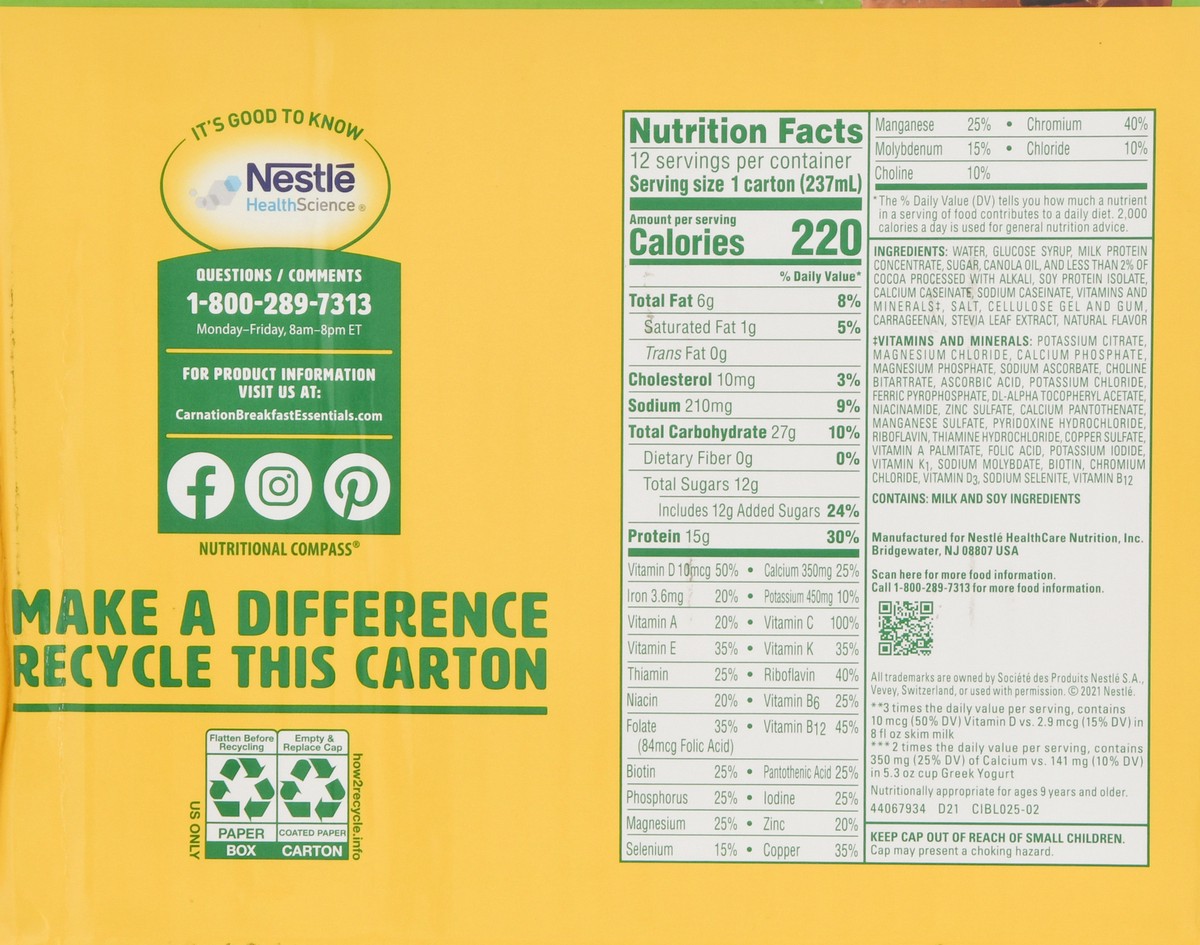 slide 3 of 12, Carnation Breakfast Essentials High Protein Rich Milk Chocolate Nutritional Drink 12 - 8 fl oz Cartons, 12 ct
