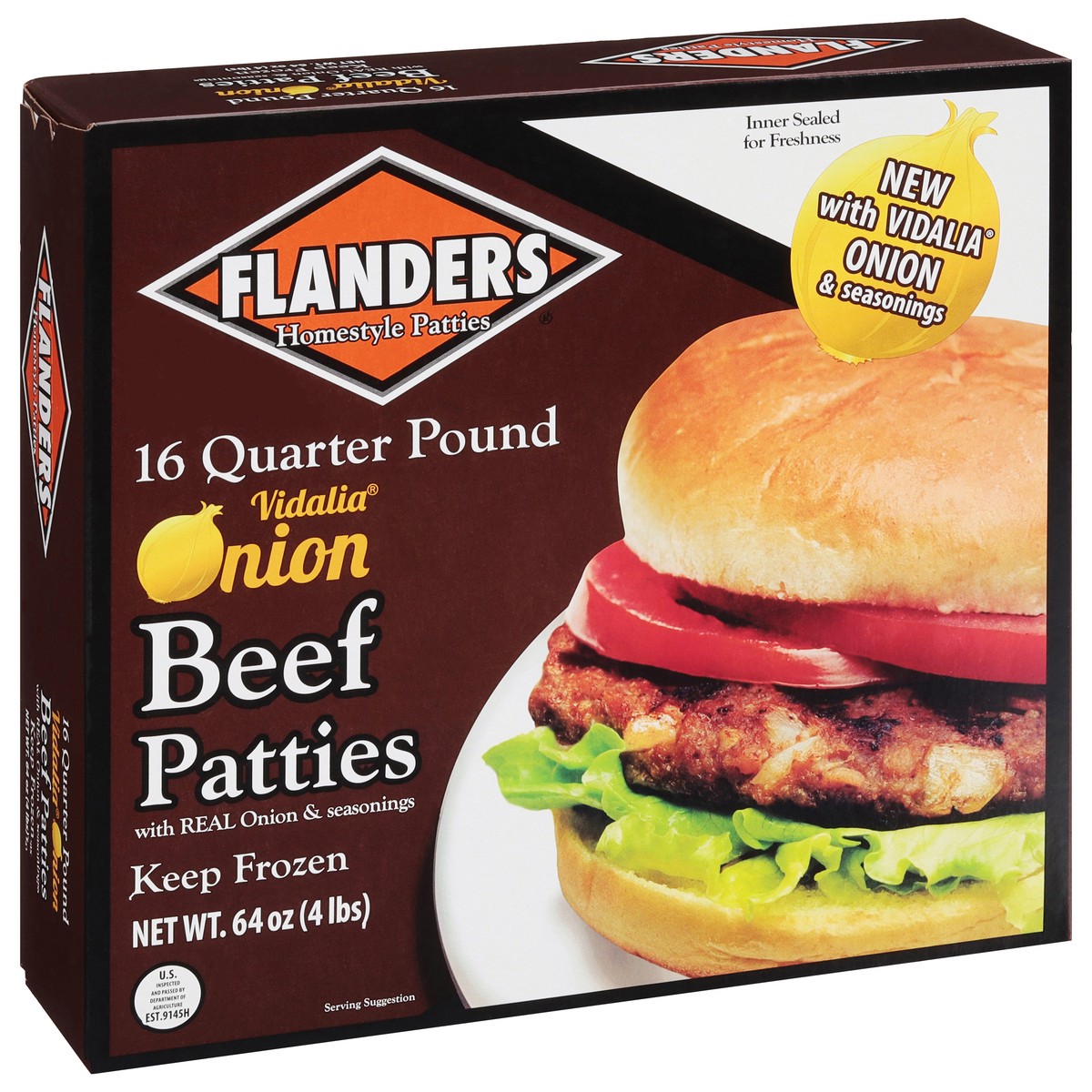 slide 3 of 11, Flanders Quarter Pound Vidalia Onion Beef Patties with Real Onion & Seasonings 16 ea, 16 ct