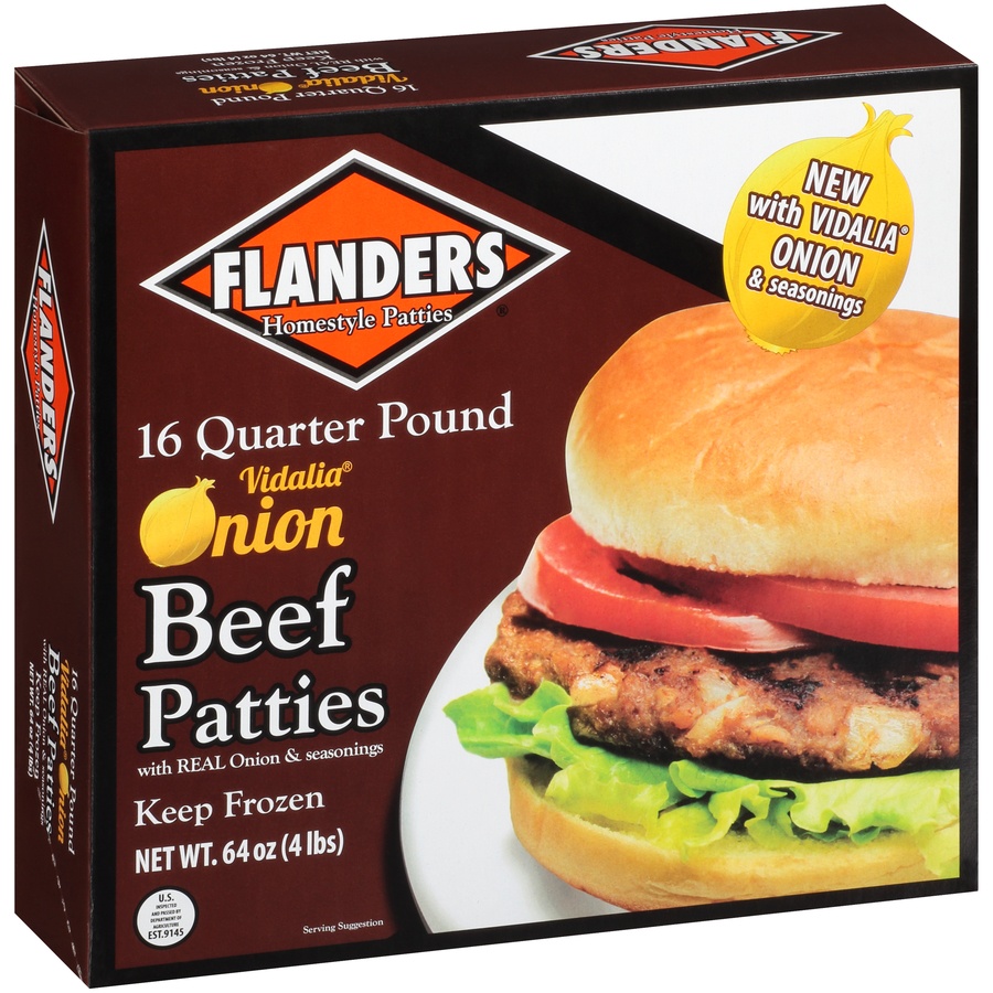 slide 2 of 8, Flanders Homestyle Patties 16 Quarter Pound Vidalia Onion Beef Patties, 4 lb