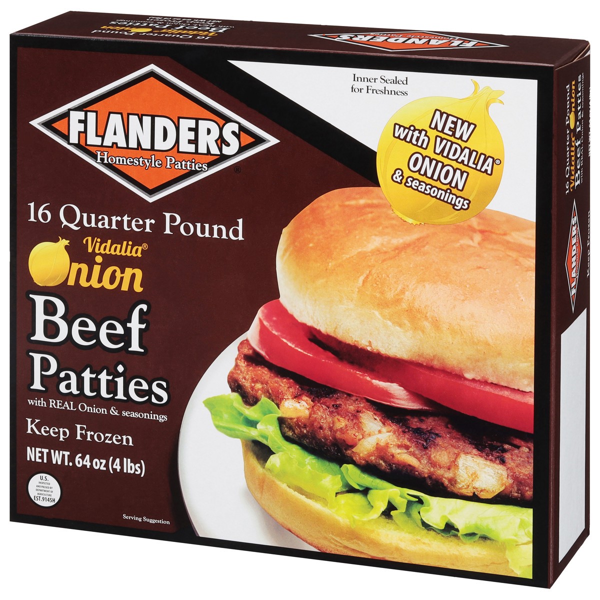 slide 2 of 11, Flanders Quarter Pound Vidalia Onion Beef Patties with Real Onion & Seasonings 16 ea, 16 ct