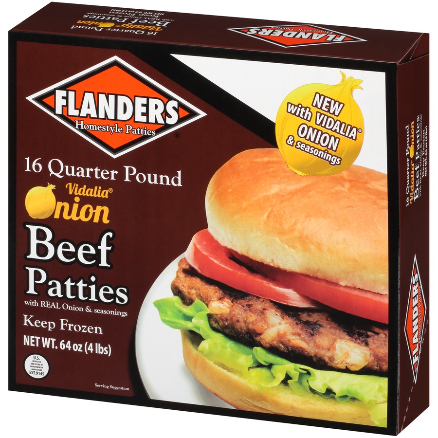 slide 3 of 8, Flanders Homestyle Patties 16 Quarter Pound Vidalia Onion Beef Patties, 4 lb