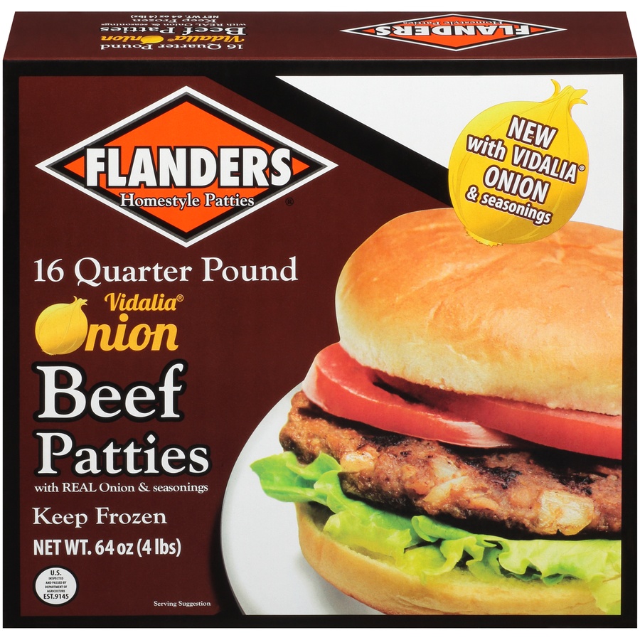 slide 1 of 8, Flanders Homestyle Patties 16 Quarter Pound Vidalia Onion Beef Patties, 4 lb