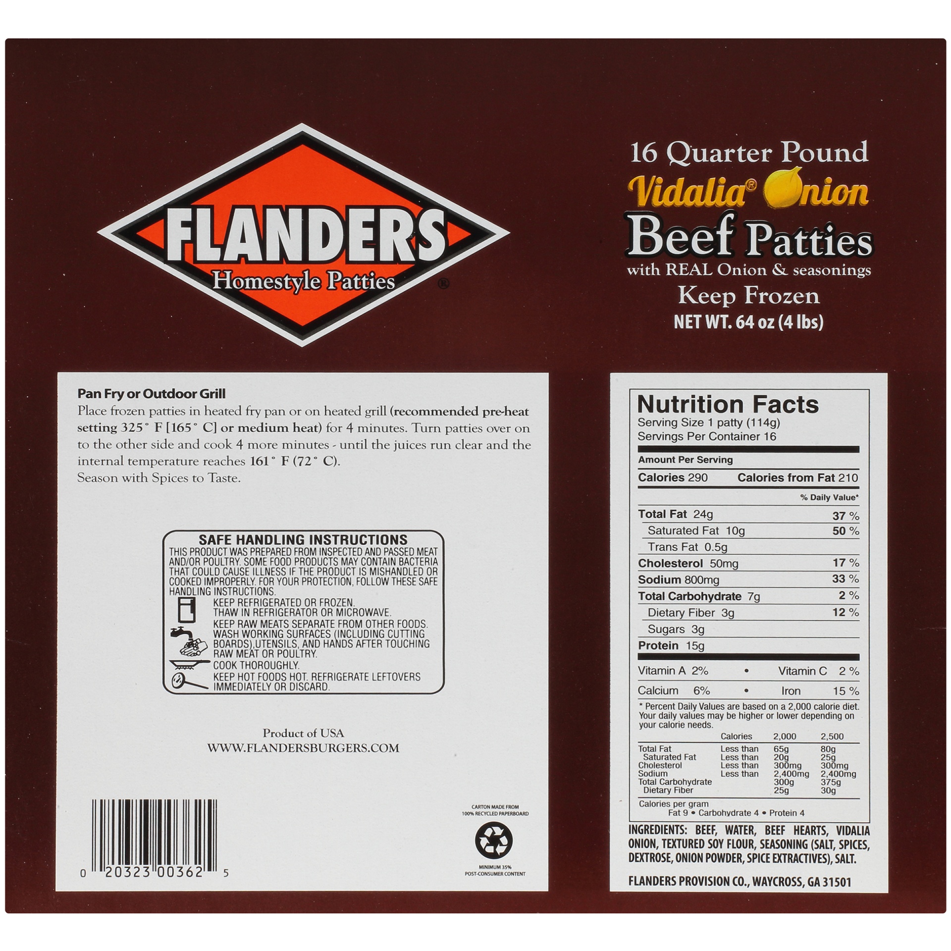 slide 6 of 8, Flanders Homestyle Patties 16 Quarter Pound Vidalia Onion Beef Patties, 4 lb
