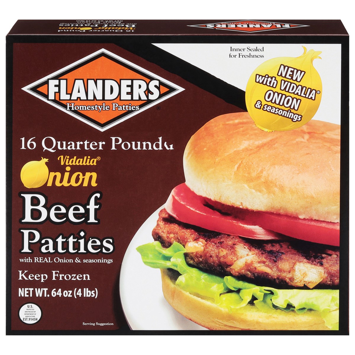 slide 7 of 11, Flanders Quarter Pound Vidalia Onion Beef Patties with Real Onion & Seasonings 16 ea, 16 ct