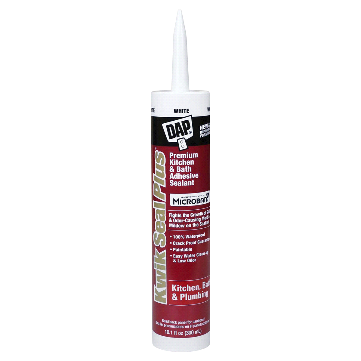 slide 1 of 9, DAP KWIK SEAL PLUS Premium Adhesive Sealant with MICROBAN - White, 10.1 fl oz