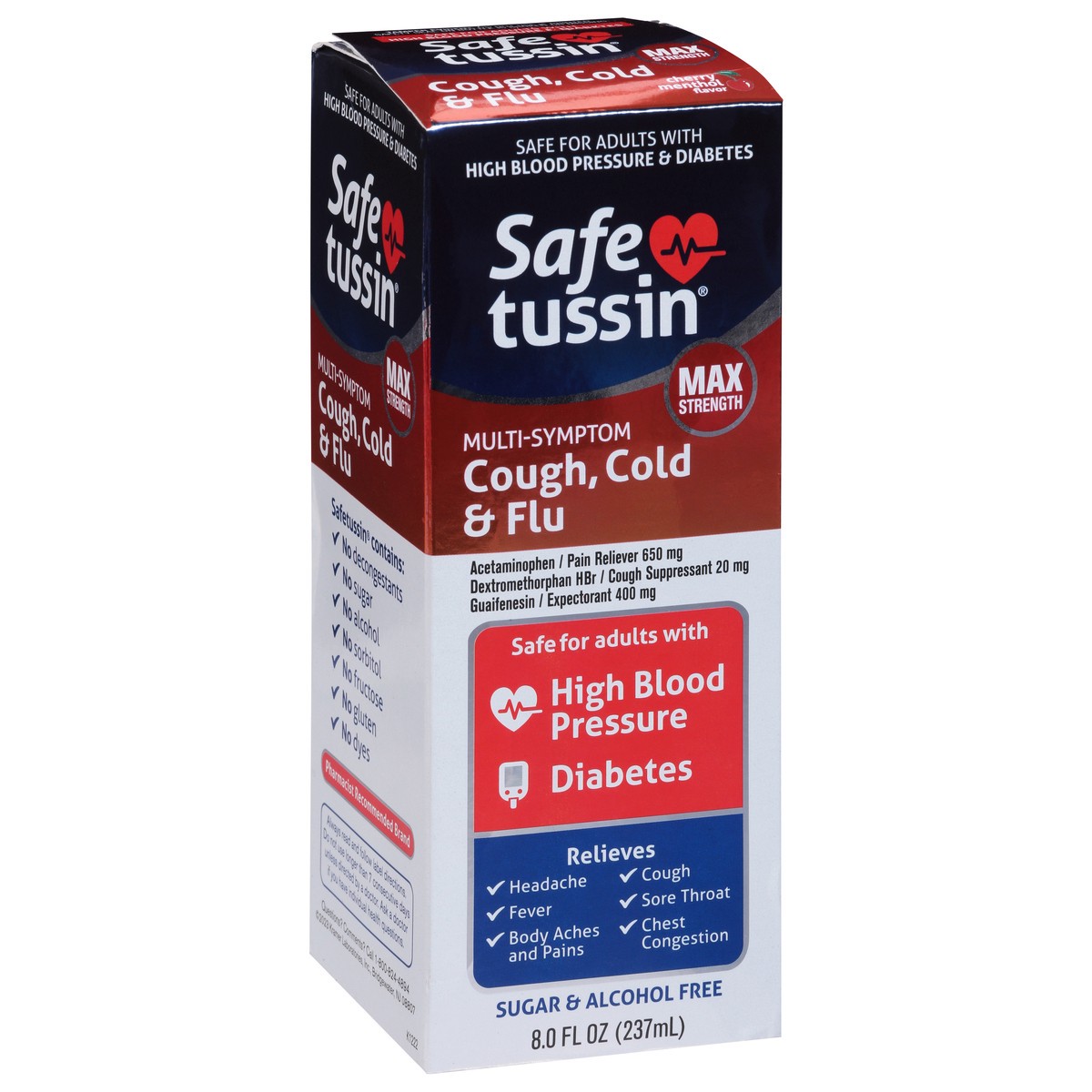 slide 9 of 9, Safetussin Multi Symptom Max Strength Cherry Menthol Flavor Cough, Cold & Flu 8.0 fl oz, 8 fl oz