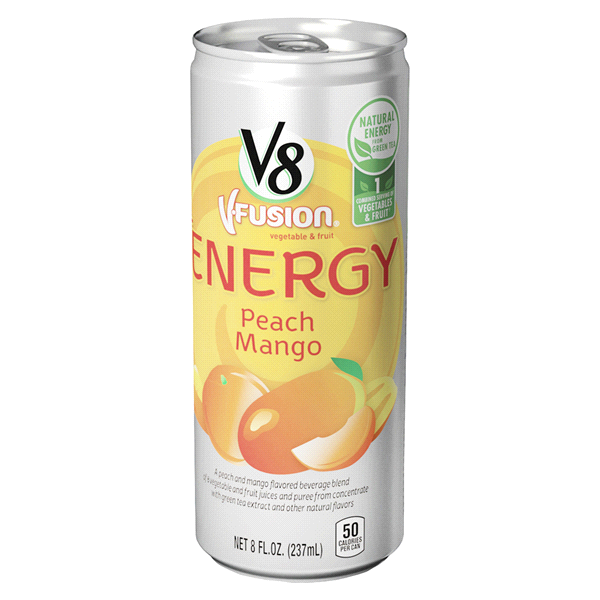 slide 1 of 1, V8 V-Fusion Vegetable & Fruit Energy Beverage Peach Mango, 8 oz