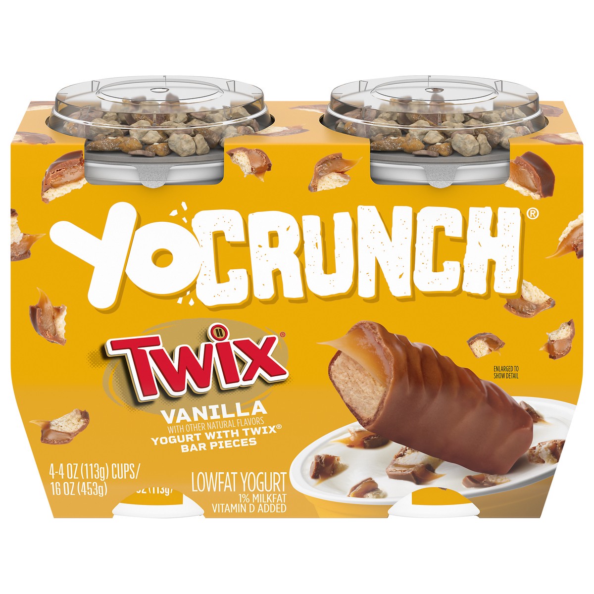 slide 1 of 5, YoCrunch Low Fat Vanilla Yogurt with Twix Candy Pieces, 4 oz., 4 Pack, 16 oz