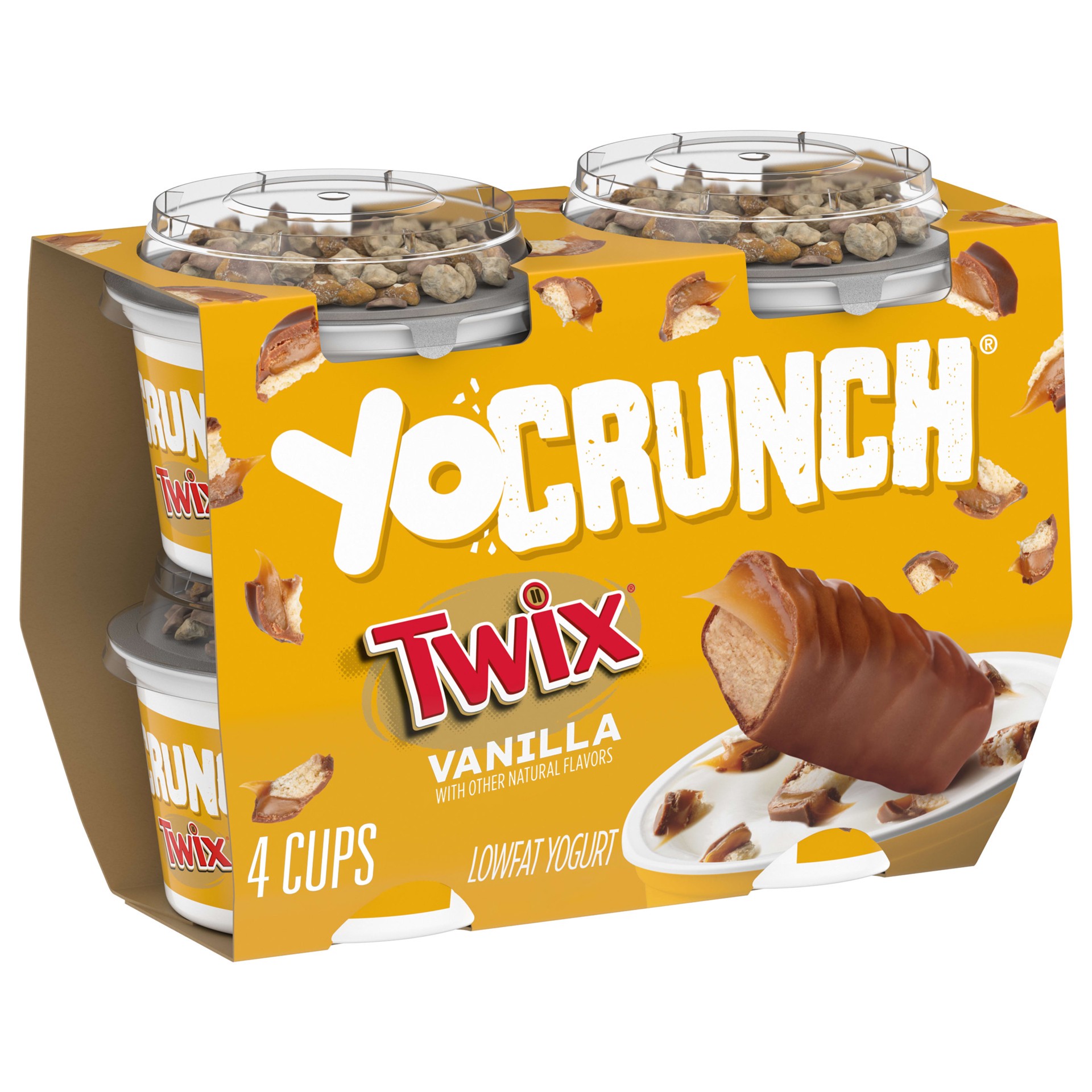 slide 1 of 5, YoCrunch Low Fat Vanilla Yogurt with Twix Candy Pieces, 4 oz., 4 Pack, 4 oz