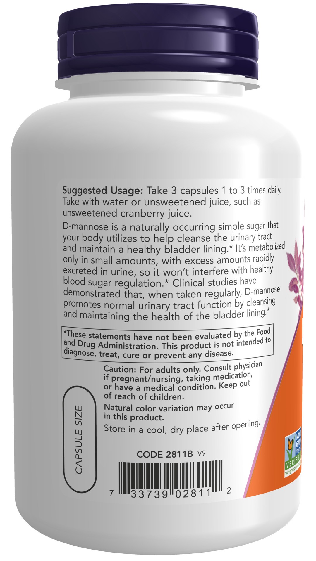 slide 4 of 4, NOW Supplements, D-Mannose 500 mg, Non-GMO Project Verified, Healthy Urinary Tract*, 120 Veg Capsules, 120 ct