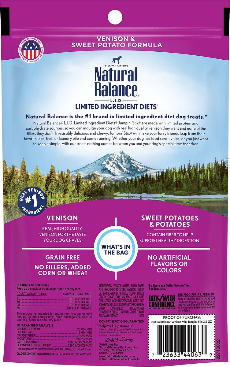 slide 5 of 8, Natural Balance L.I.D. Limited Ingredient Diets Mini Jumpin' Stix Grain Free Venison & Sweet Potato Formula Treats for Dogs 3.5 oz, 3.5 oz