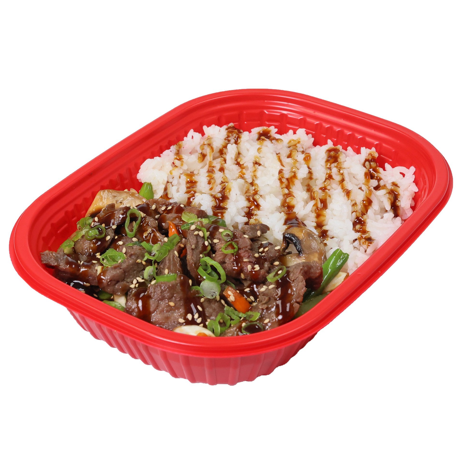 slide 1 of 1, H-E-B Sushiya Mongolian-Style Beef & Rice Bowl - Served Hot, 21.35 oz