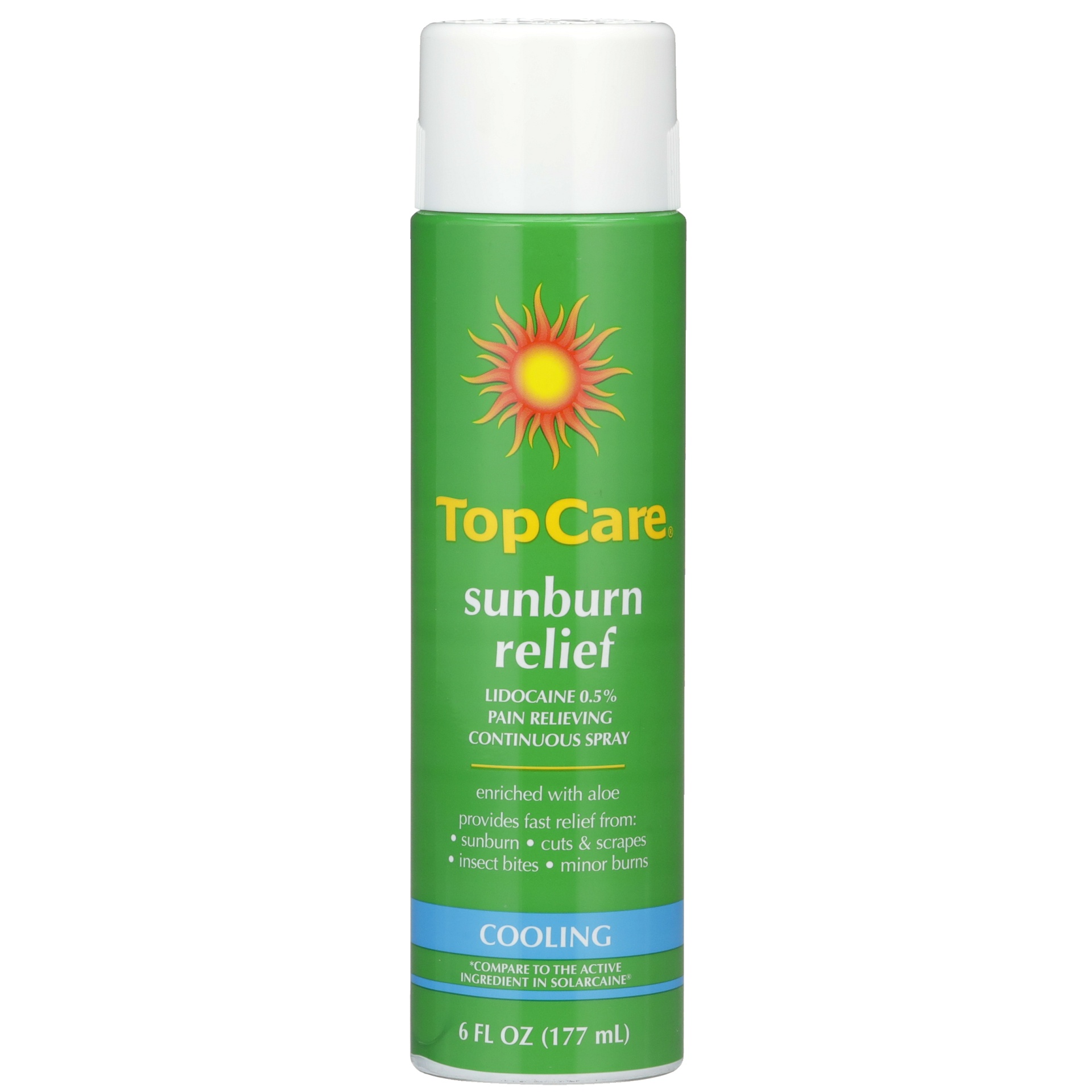 slide 1 of 6, TopCare Cooling Sunburn Relief Lidocaine 0.5% Pain Relieving Continuous Spray, 6 oz