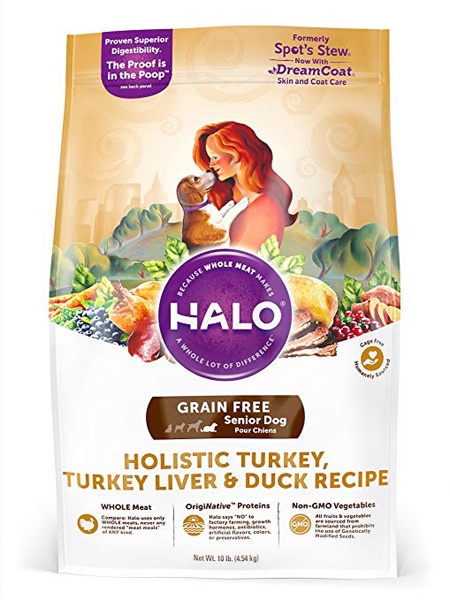 slide 1 of 1, Halo Holistic Turkey, Turkey Liver & Duck Grain Free Senior Dry Dog Food, 4 lb