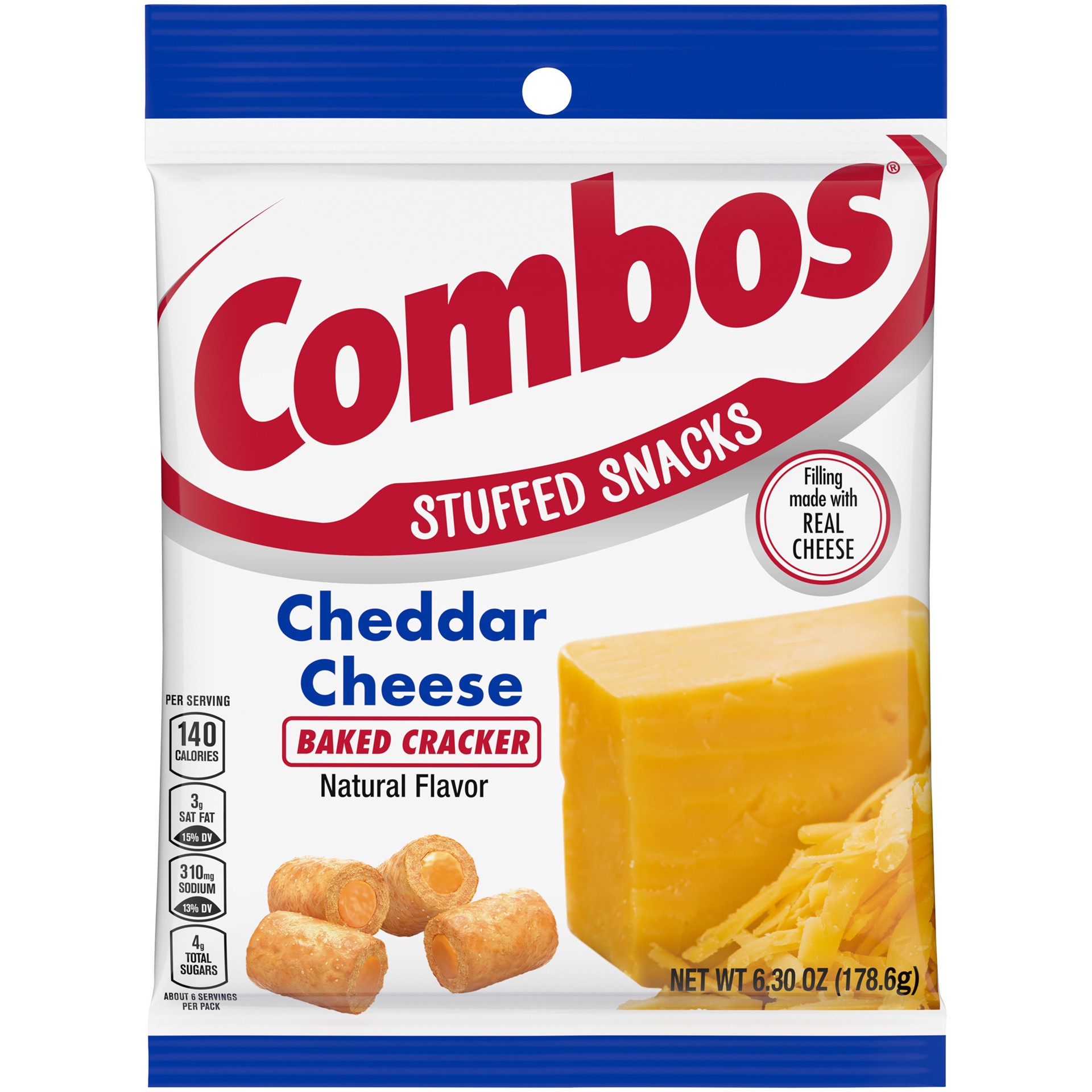 slide 1 of 5, Combos® stuffed cracker snacks, cheddar cheese, 6.2 oz