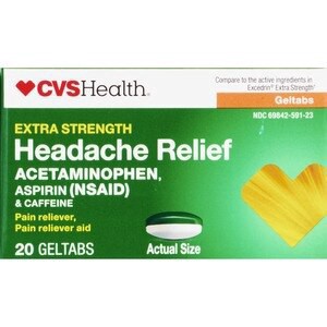 slide 1 of 1, CVS Health Extra Strength Headache Relief Acetaminophen, Aspirin (Nsaid) & Caffeine Geltabs, 20 Ct, 1 ct