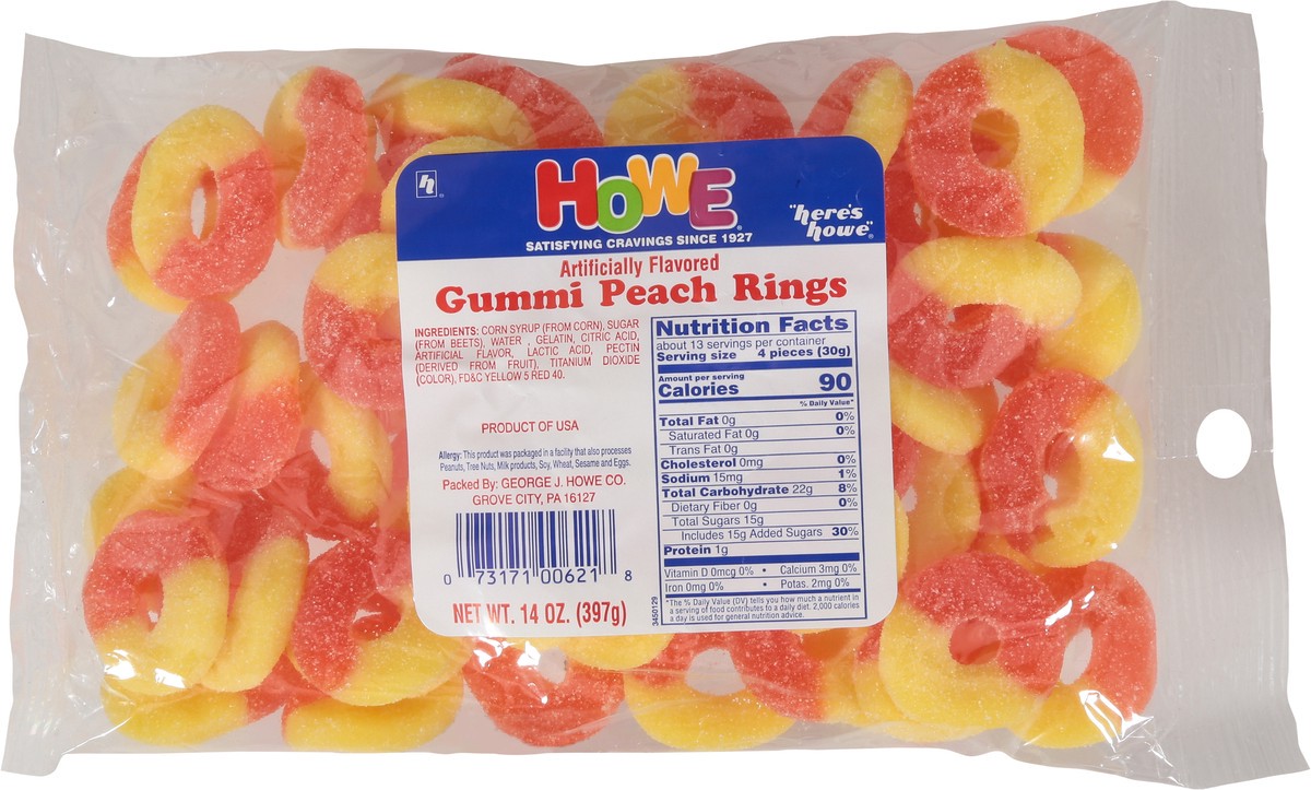 slide 5 of 9, Howe Peach Gummi Rings 14 oz, 14 oz