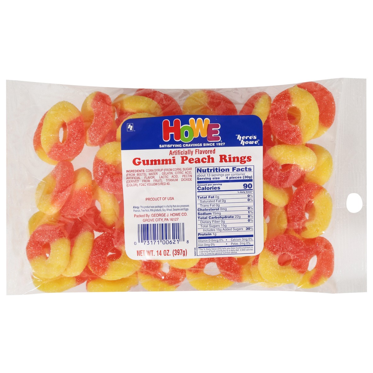 slide 1 of 9, Howe Peach Gummi Rings 14 oz, 14 oz