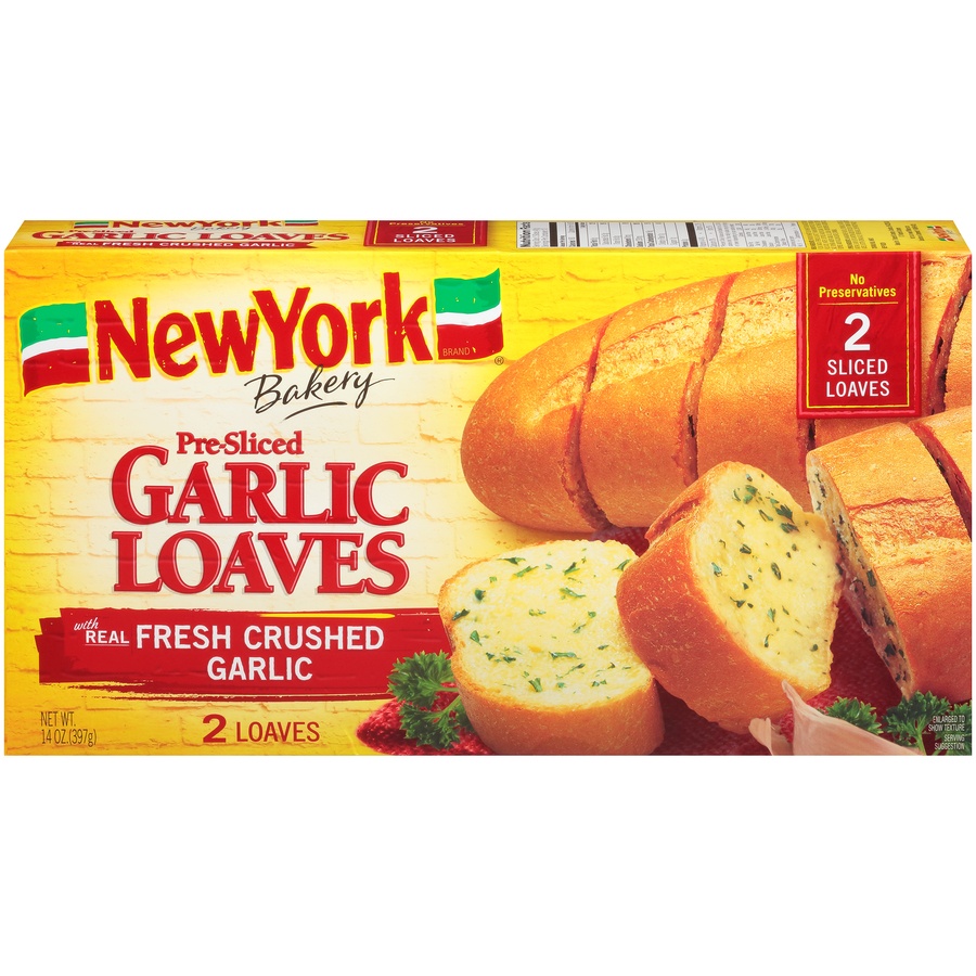 slide 1 of 1, New York Bakery Pre-Sliced Garlic Loaves, 14 oz