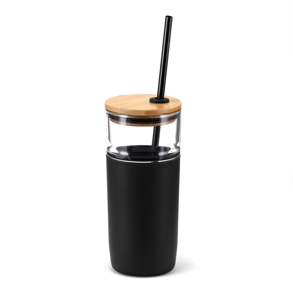 slide 1 of 1, Hd Designs Outdoors Glass Bottle With Bamboo Lid And Tritan Straw - Jet Black, 18 oz