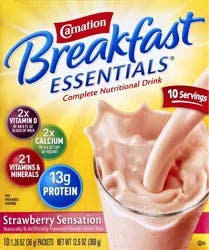 Carnation Breakfast Essentials Powder Protein Nutritional Shake Drink Mix Packets, Strawberry Sensation Breakfast Shake, 10 Count