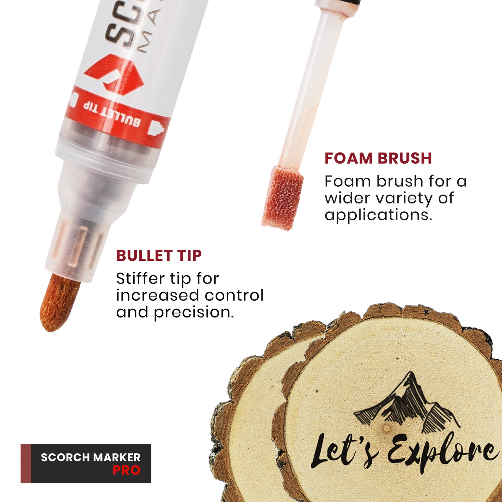 slide 9 of 11, Scorch Marker Pro, 2 in 1: comes with a bullet tip and foam brush