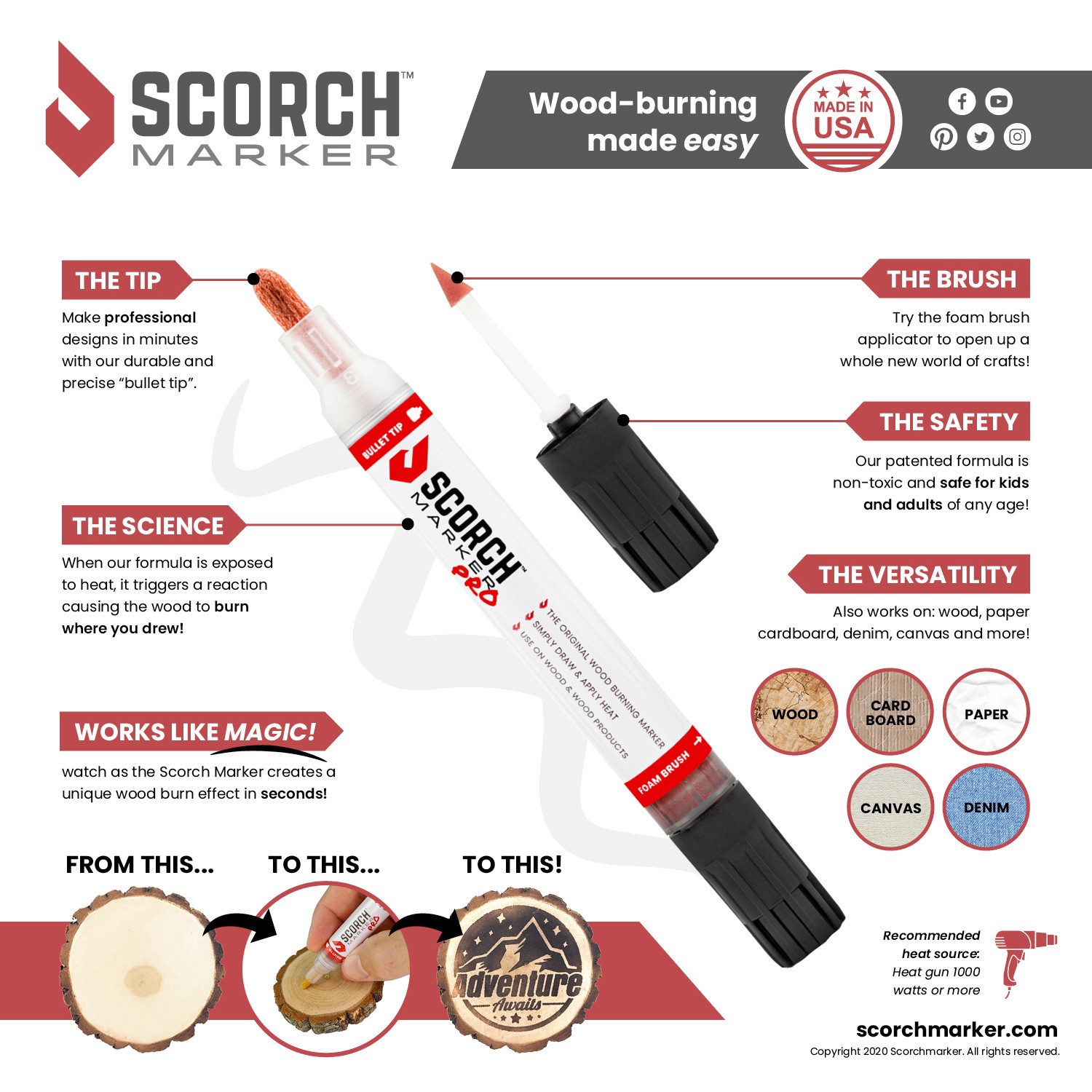 slide 5 of 11, Scorch Marker Pro, 2 in 1: comes with a bullet tip and foam brush