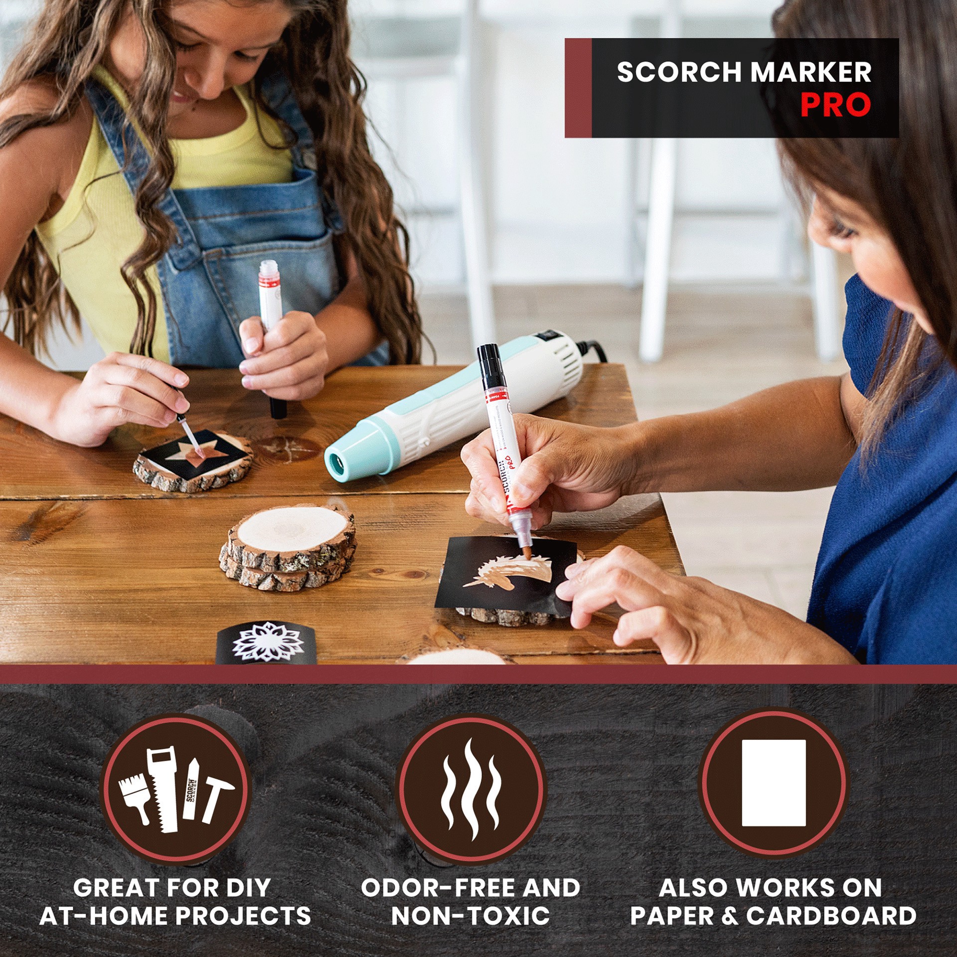 slide 11 of 11, Scorch Marker Pro, 2 in 1: comes with a bullet tip and foam brush