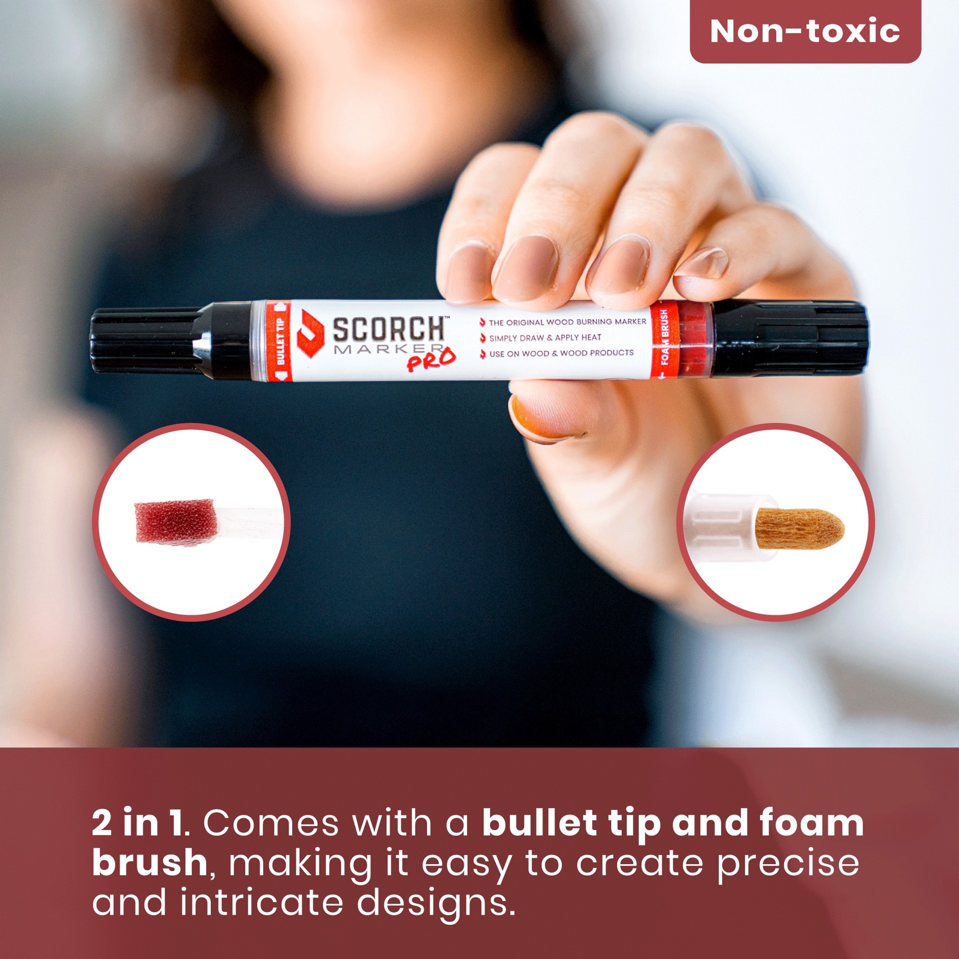 slide 7 of 11, Scorch Marker Pro, 2 in 1: comes with a bullet tip and foam brush
