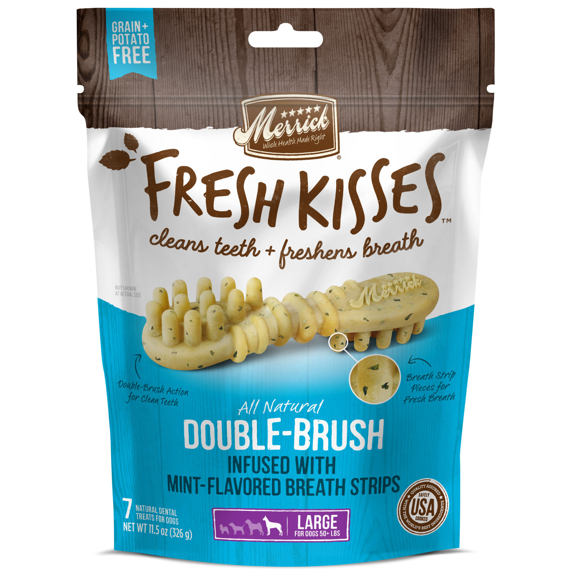 slide 1 of 6, Merrick Fresh Kisses Double-Brush Dental Dog Treats With Mint Breath Strips For Large Breeds - 11.5 oz Bag with 7 Brushes, 11.5 oz