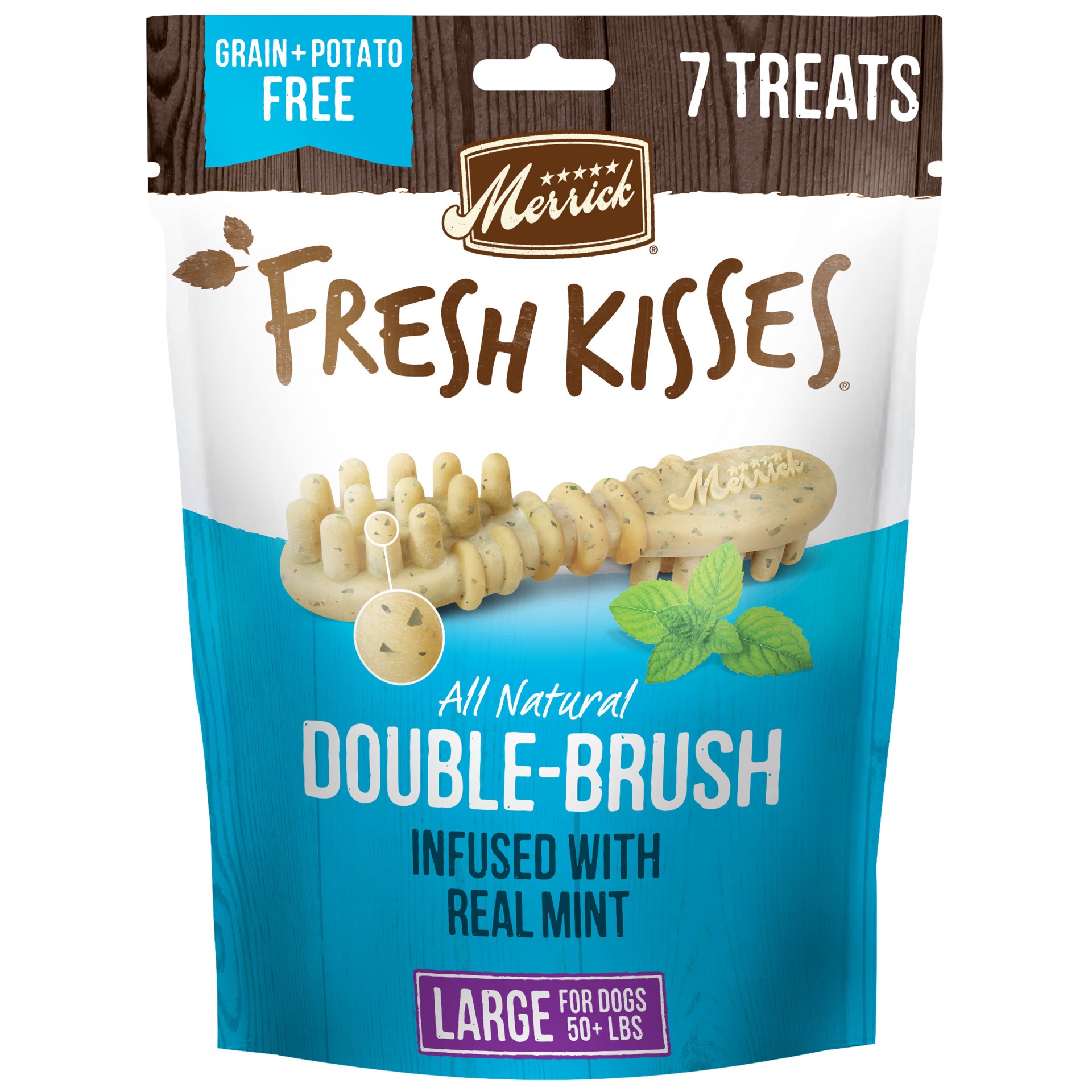 slide 1 of 6, Merrick Fresh Kisses Natural Dental Chews, Toothbrush Shape Treat Infused With Real Mint, For Large Dogs, 11.5 oz