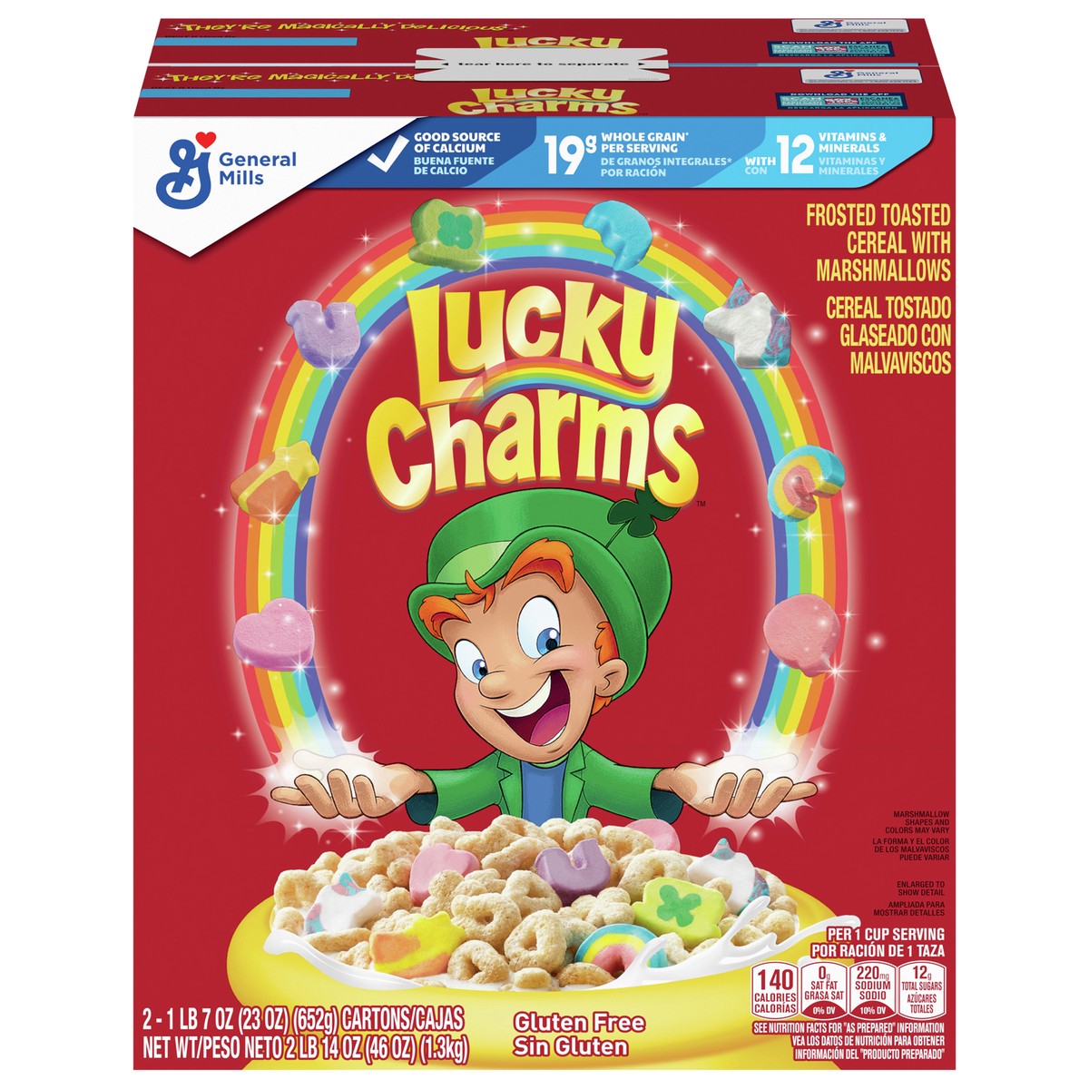 slide 1 of 1, Lucky Charms Gluten Free Cereal with Marshmallows, Kids Breakfast Cereal, Made with Whole Grain, Value Pack, 46 oz (2 Boxes), 2 ct