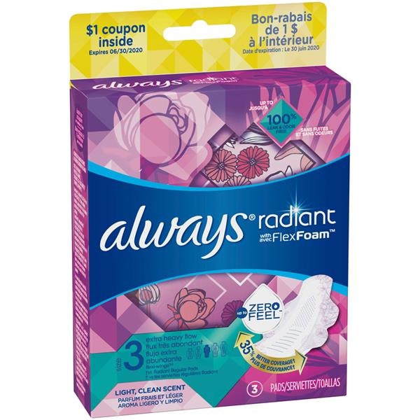 slide 1 of 1, Always Radiant Light Clean Scent Size 3 Extra Heavy Flow Pads With Flex Foam, 3 ct