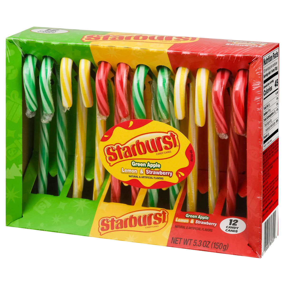 slide 3 of 9, Starburst Green Apple Lemon & Strawberry Candy Canes 12 ea, 12 ct