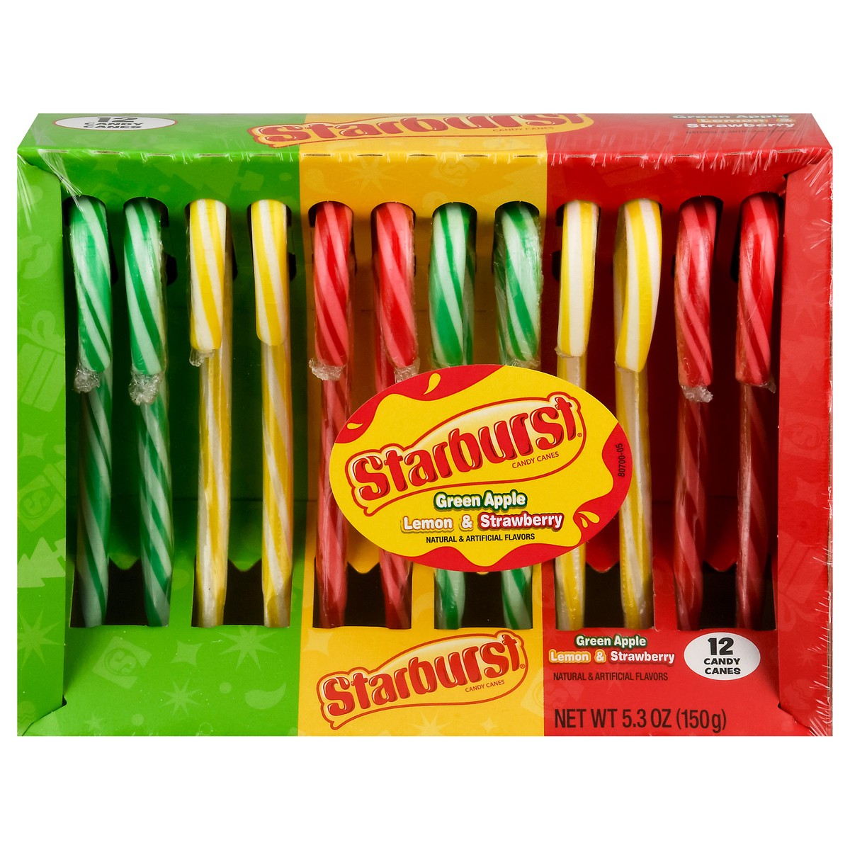 slide 1 of 9, Starburst Green Apple Lemon & Strawberry Candy Canes 12 ea, 12 ct