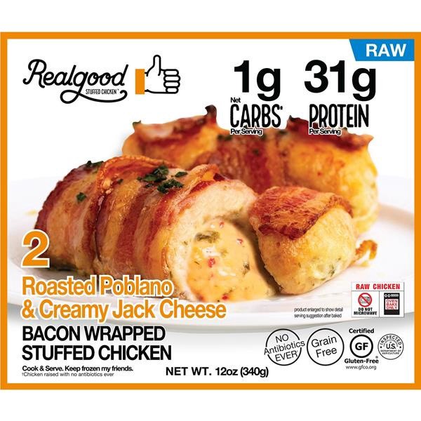 slide 1 of 1, Realgood Roasted Poblano Chile & Creamy Jack Cheese Raw Bacon Wrapped Stuffed Chicken, 12 oz