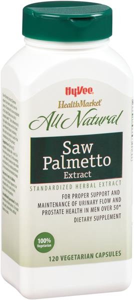 slide 1 of 1, Hy-Vee HealthMarket All Natural Saw Palmetto Extract Dietary Supplement Vegetarian Capsules, 120 ct