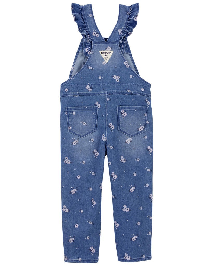 slide 3 of 3, Oshkosh Toddler Floral Print Ruffle Stretch Denim Overalls Blue 5T, 1 ct