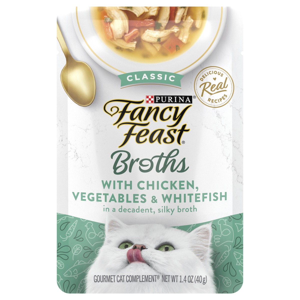 slide 1 of 1, Fancy Feast Purina Fancy Feast Lickable Wet Cat Food Broth Topper Classic, Chicken, Vegetables and Whitefish - 1.4 oz. Pouch, 1.4 oz