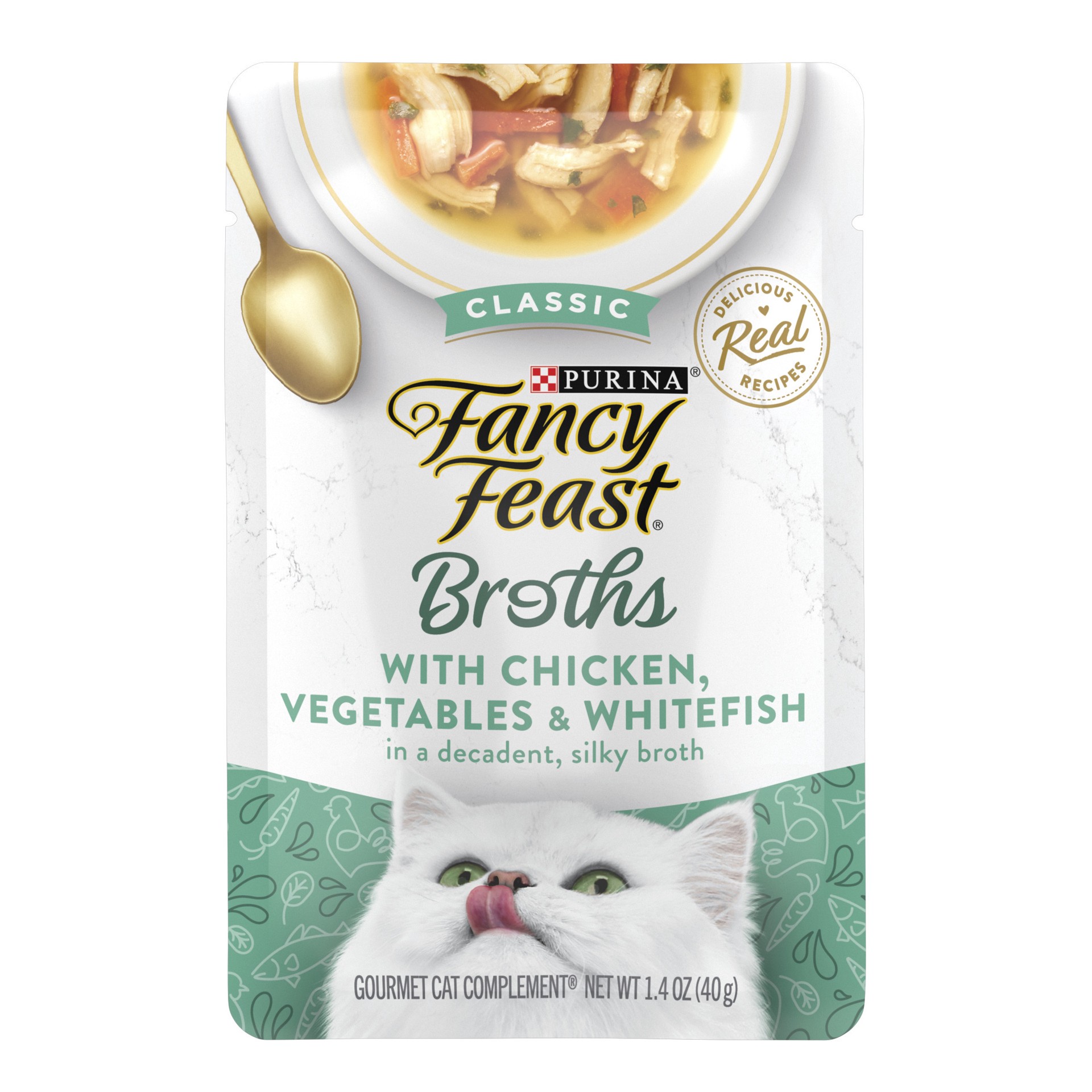 slide 1 of 9, Fancy Feast Purina Fancy Feast Lickable Wet Cat Food Broth Topper Classic, Chicken, Vegetables and Whitefish, 1.4 oz