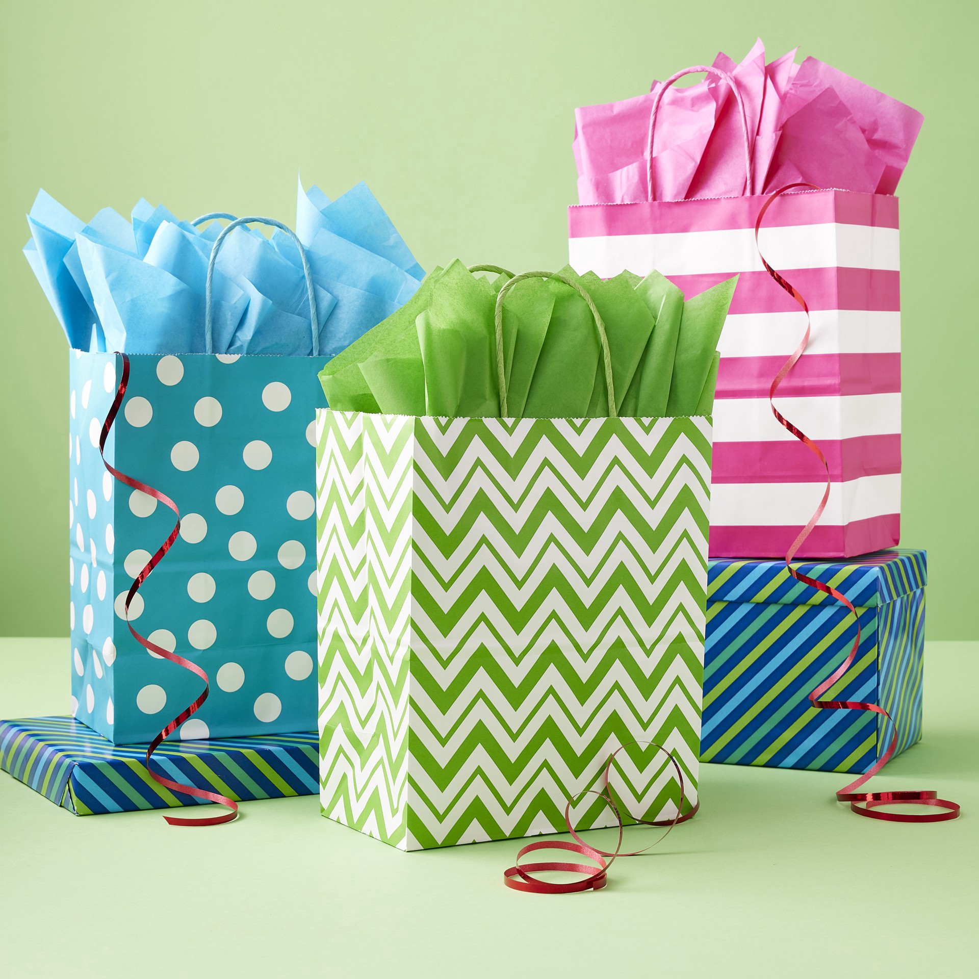 slide 4 of 4, 10" Dots & Chevron Paper Bag Value Pack By Celebrate It, 8 in x 4.75 in x 10 in