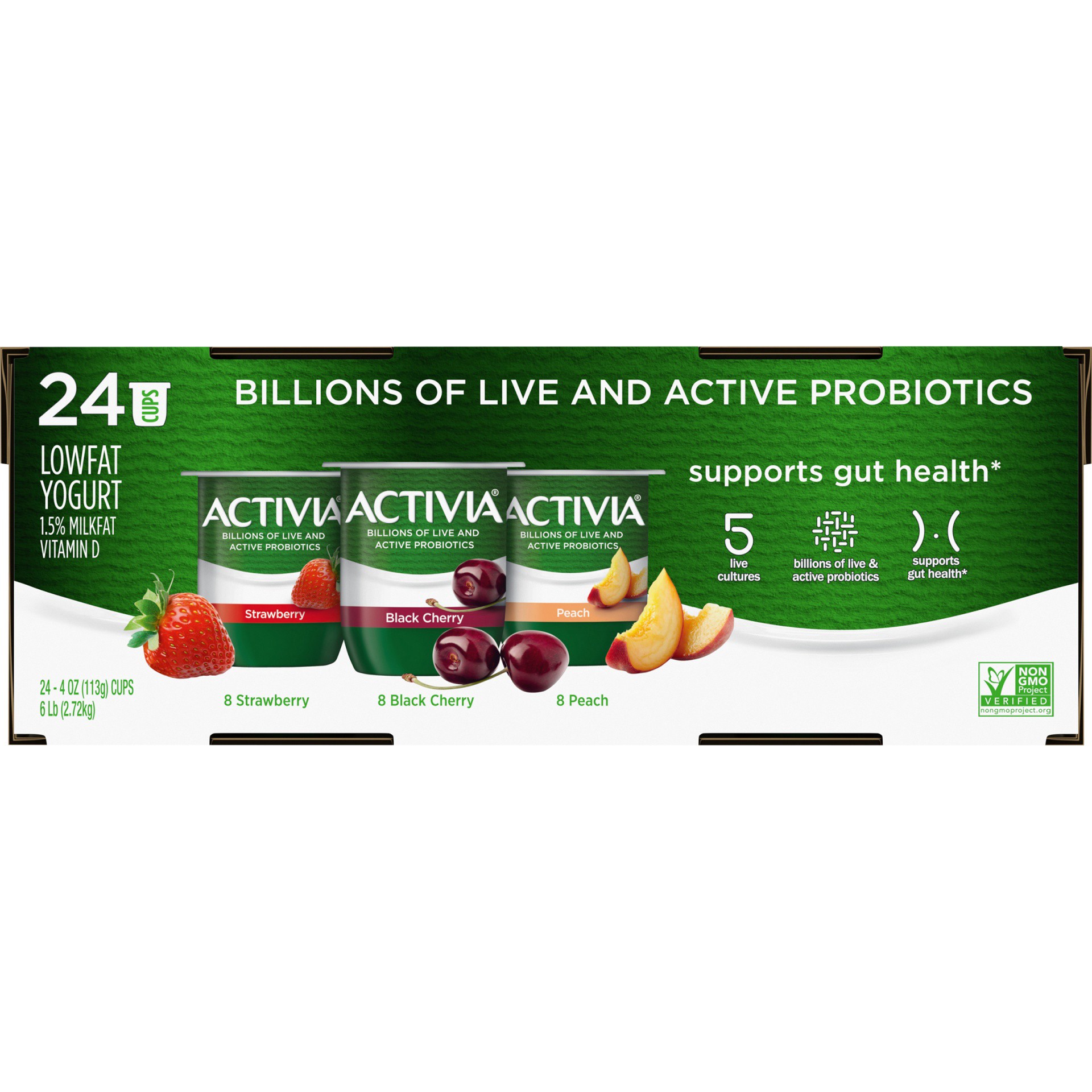 slide 6 of 7, Activia Probiotic Strawberry, Black Cherry & Peach Variety Pack Yogurt Cups, 4 oz