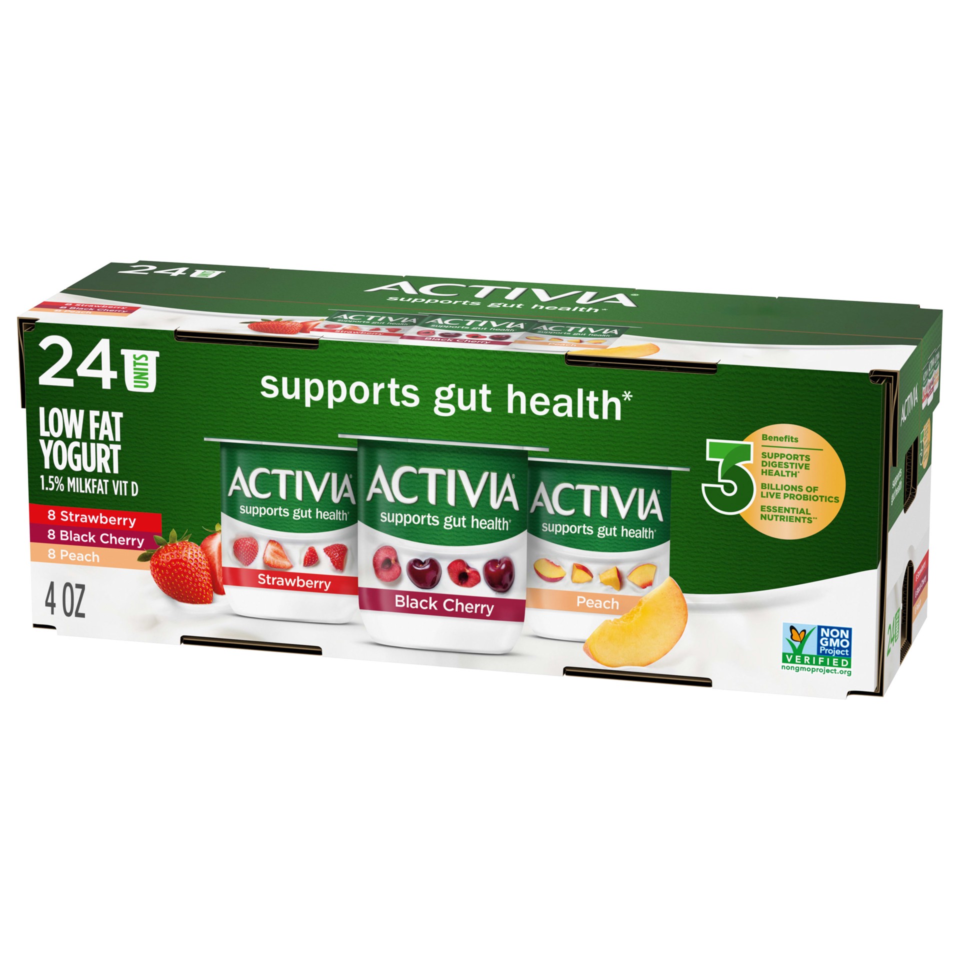 slide 1 of 7, Activia Probiotic Low Fat Yogurt, Variety Pack, Strawberry, Black Cherry & Peach, Non-GMO Project Verified, 4 oz., 24 Pack, 4 oz