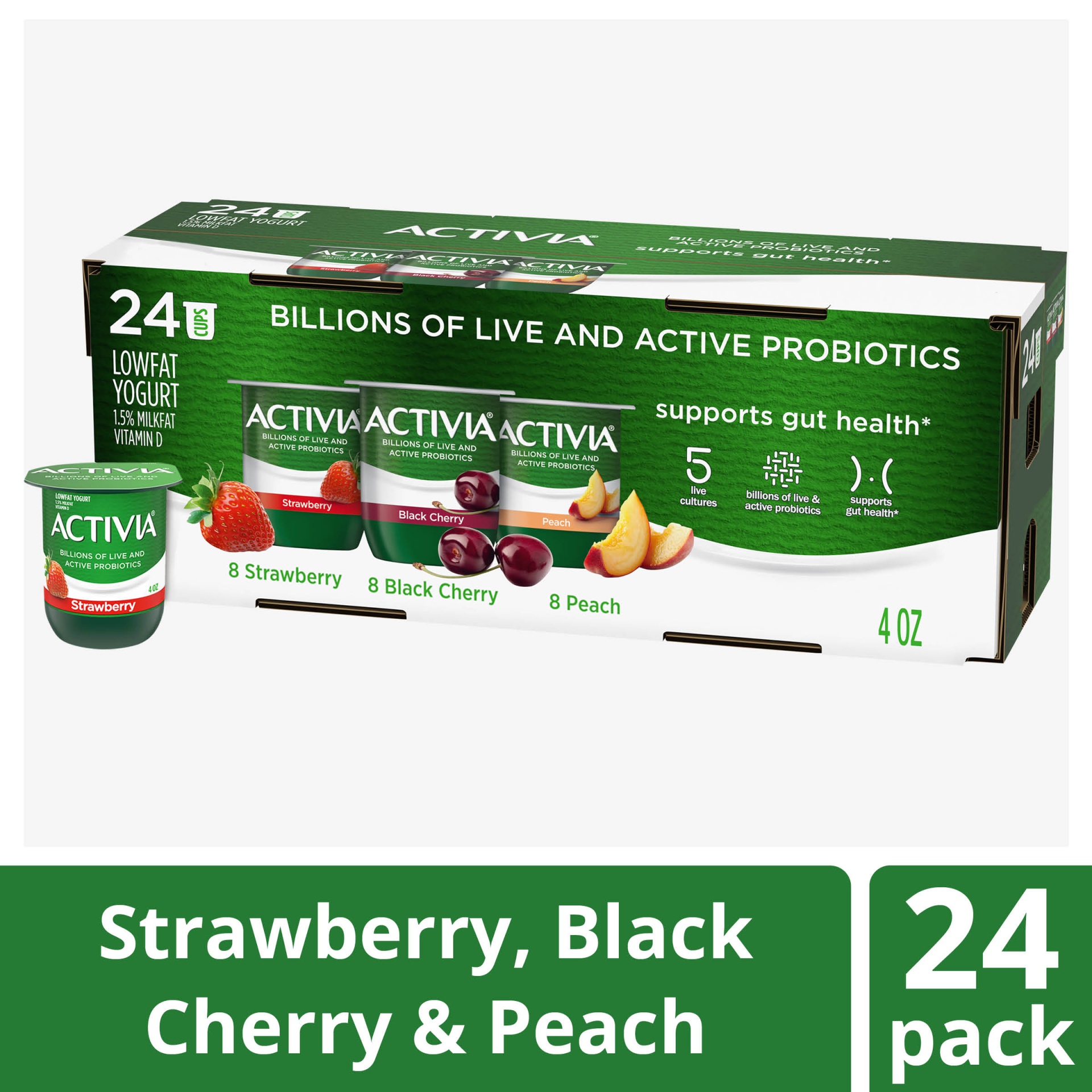 slide 1 of 7, Activia Probiotic Strawberry, Black Cherry & Peach Variety Pack Yogurt Cups, 4 oz