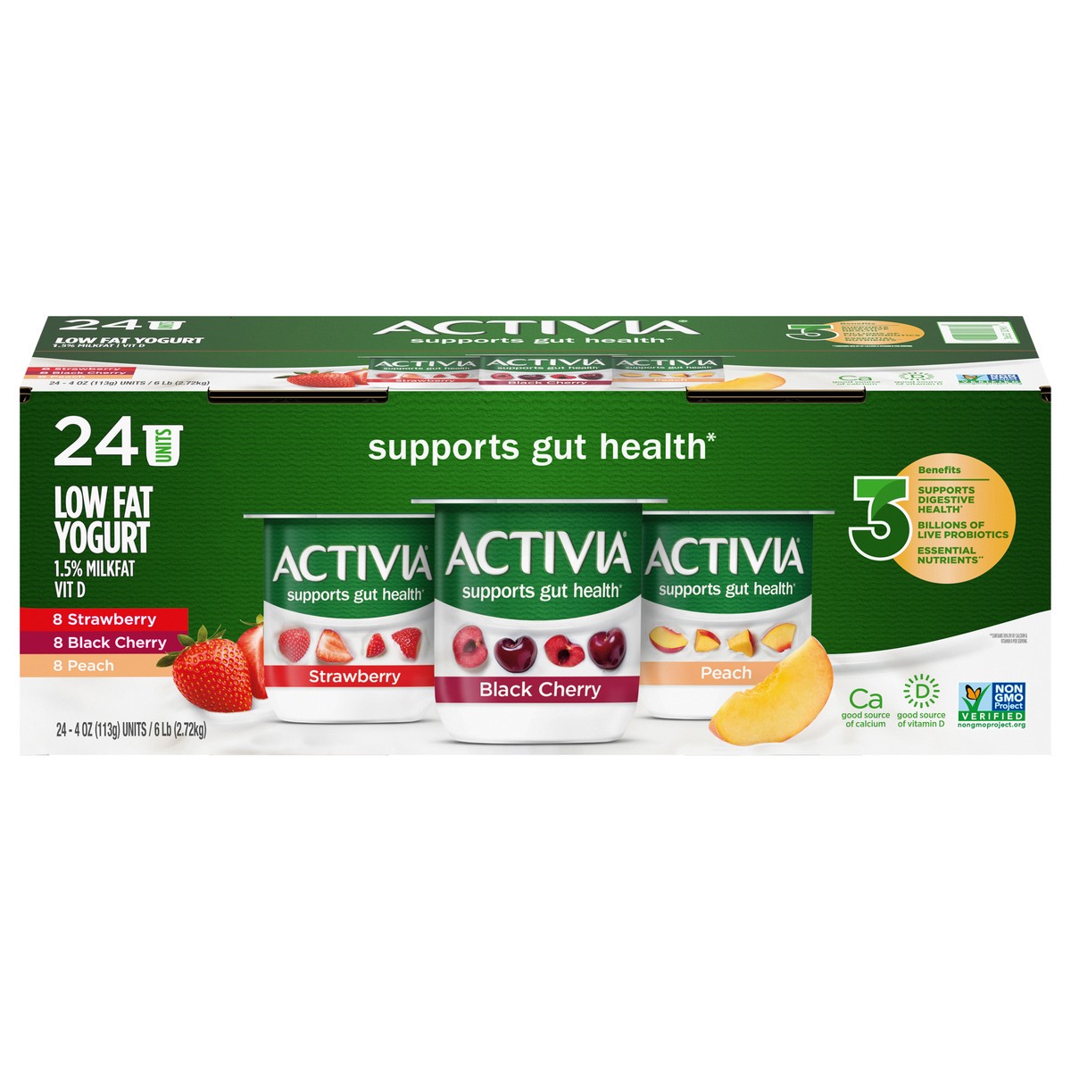 slide 1 of 7, Activia Probiotic Low Fat Yogurt, Variety Pack, Strawberry, Black Cherry & Peach, Non-GMO Project Verified, 4 oz., 24 Pack, 4 oz