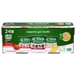 Activia Strawberry, Black Cherry and Peach Probiotic Yogurt, Lowfat Yogurt Cups, 4 OZ, 24 CT