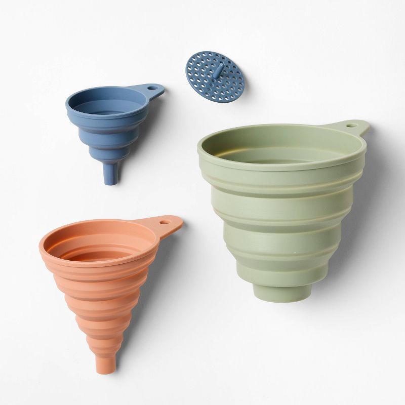 slide 1 of 3, 4pc Silicone Collapsible Funnel Set - Figmint™: Multicolored Kitchen & Cooking Funnels, Dishwasher-Safe, 5.59" Height, 4 ct