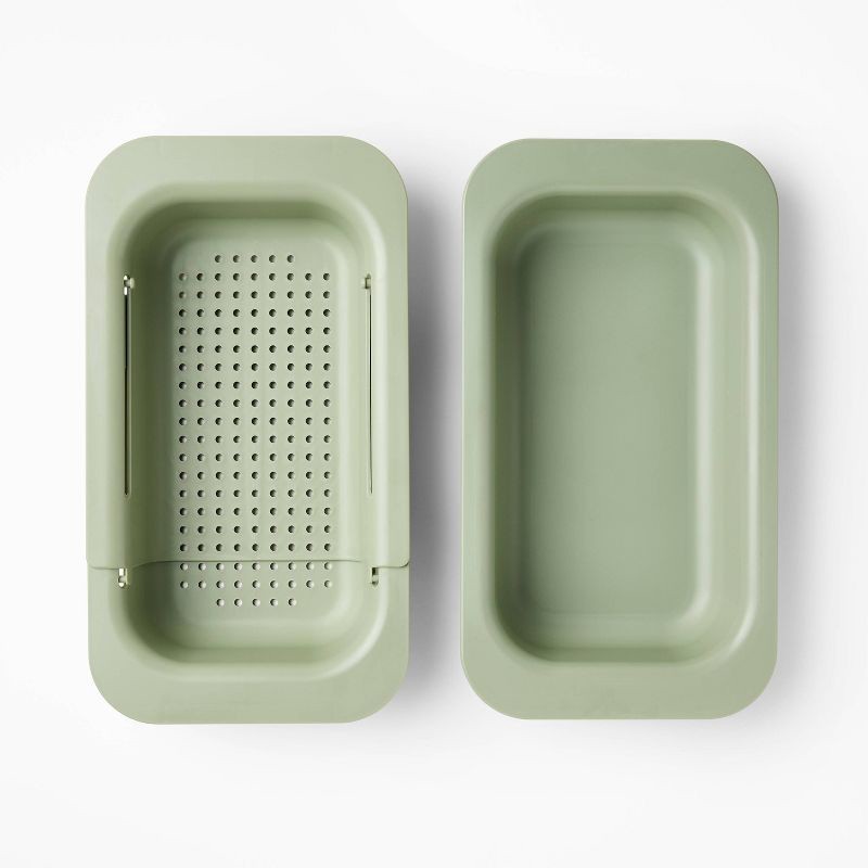 slide 3 of 4, Plastic Narrow Over the Sink Expandable Colander with Soaking Tray Green - Figmint™: Strainer, Dishwasher-Safe, 1 ct