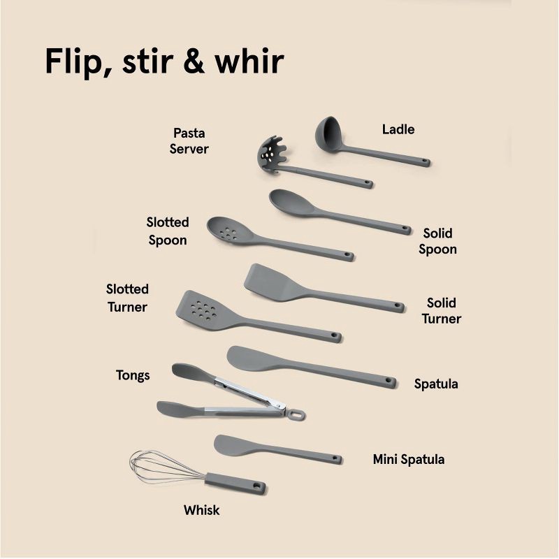 slide 6 of 6, 10pc Silicone Kitchen Utensil Set - Figmint™: Gray Cooking Utensils, Dishwasher-Safe, Includes Tongs & Whisk, 10 ct